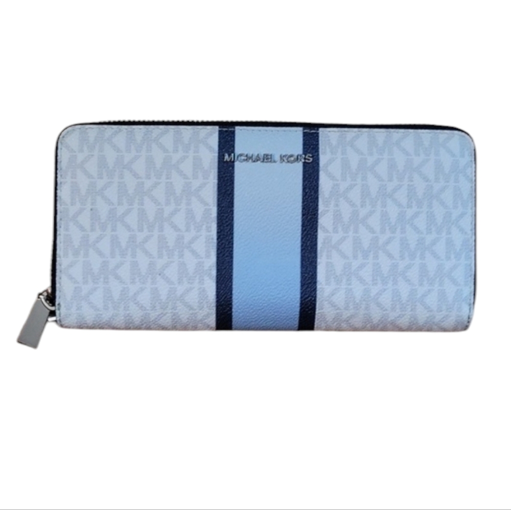 MICHAEL KORS| Jet Set Chambray Navy Stripe Travel Continental Wallet EUC